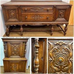Antique Buffet and Hutch, China Liquor Cabinet, Linen Press. Spanish revival, Jacobean Carved Style. Great shape for age. Has some dings. $300 EACH