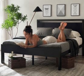 Full Size Bed Frame Metal Platform with Wooden Headboard & Footboard, No Box Spring Needed