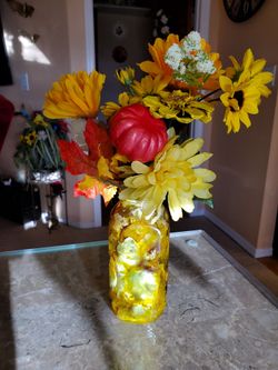 7 inch alcohol ink on Ginger jar, yellow/brown/white