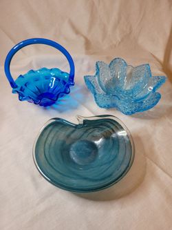 Vintage MCM Glassware Blue Bowl, Basket, Dish Modern Glass