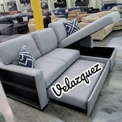✅️✅️2 pc Grey boucle fabric sectional sofa with pop up sleep area and storage chaise drop down tray table wireless charging✅️✅️✅️
