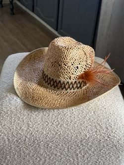 Vintage Straw Cowboy Hat with Feather Accent