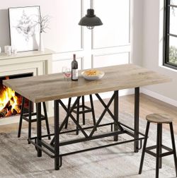 Tribesigns 35.43" High Dini ng Table with Metal Footrest (Gray) 62.99" L Counter Height Kitchen Table with Sturdy Metal X-Base for 4-6, Industrial Rec