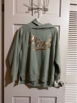 Victoria's Secret Pink Women’s Hoodie Sweatshirt Spell Out Gold Logo Sequin Sz M