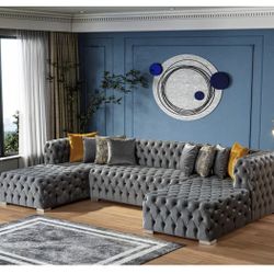 Brand New Velvet Tufted Grey U Shape Sectional With Double Chaise 
