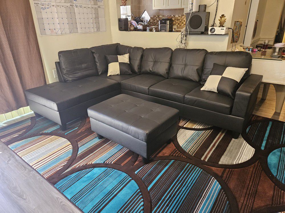 Brand New Box Only $52 Down Black Faux Leather Sectional With Storage Ottoman And Pillows Special