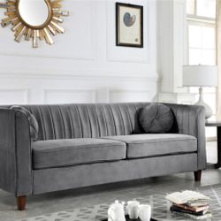 Grey Channel Back Velour Sofa - Brand New In Box