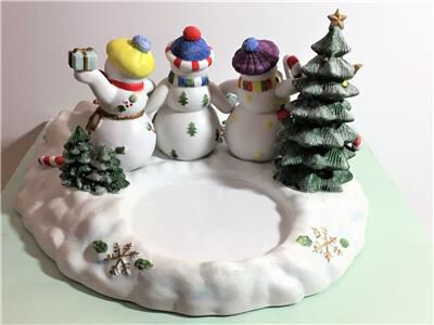 PARTYLITE P7650 CERAMIC SNOWBELL 3 SNOWMEN PILLAR / TEA LIGHT CANDLE HOLDER Christmas