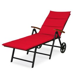  New Folding Patio Rattan Lounge Chair Cushioned Aluminum w/ Wheel, red cushion