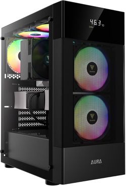 CPU GPU temp display, mesh high air flow, 2 front and 1 rear static RGB 120mm fans, tempered glass side-panel, USB 3.0, ATX.