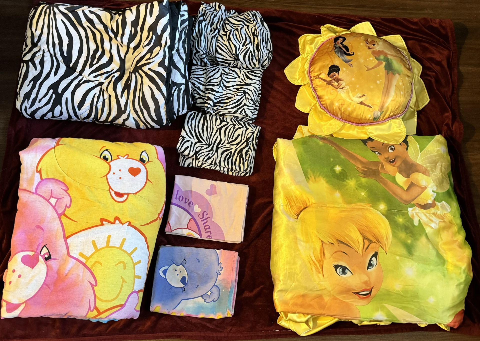 Twin Comforter Set, Care Bears $12, Zebra and Tinker Bell $20 each