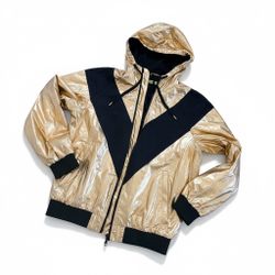 VERSACE Gold Metallic Hooded Windbreaker Jacket Black V Design Men’s Size L