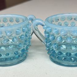 Vintage Fenton Hobnail Blue Opalescent Creamer And Sugar Set