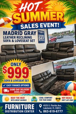 Limited time sale. Madrid, gray leather reclining sofa and loveseat set only $999. Easy finance option. Same-day delivery.