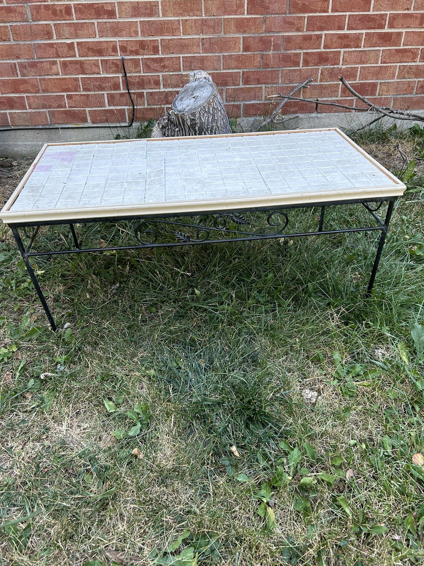Indoor or Outdoor Off-White Tile Covered Coffee Table With Metal Base