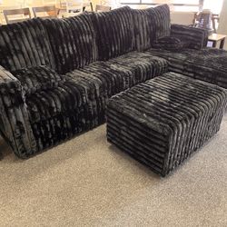 Sectional On Black Corduroy With Ottoman Included 
