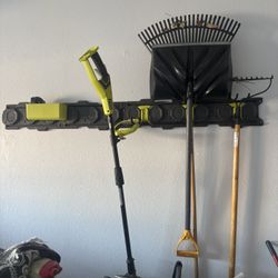 Electric Lawn Mower, Weed Wacker , Shelving And Hooks