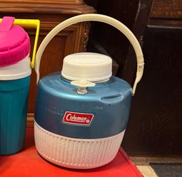 Vintage Coleman 1 Gallon Jug Blue and White Water Cooler Cup Top Spout 1970s 