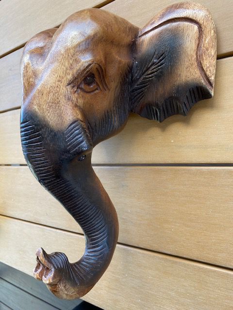 Elephant Head Wall Hanging Hand Carved Wooden Statue Sculpture Collectible