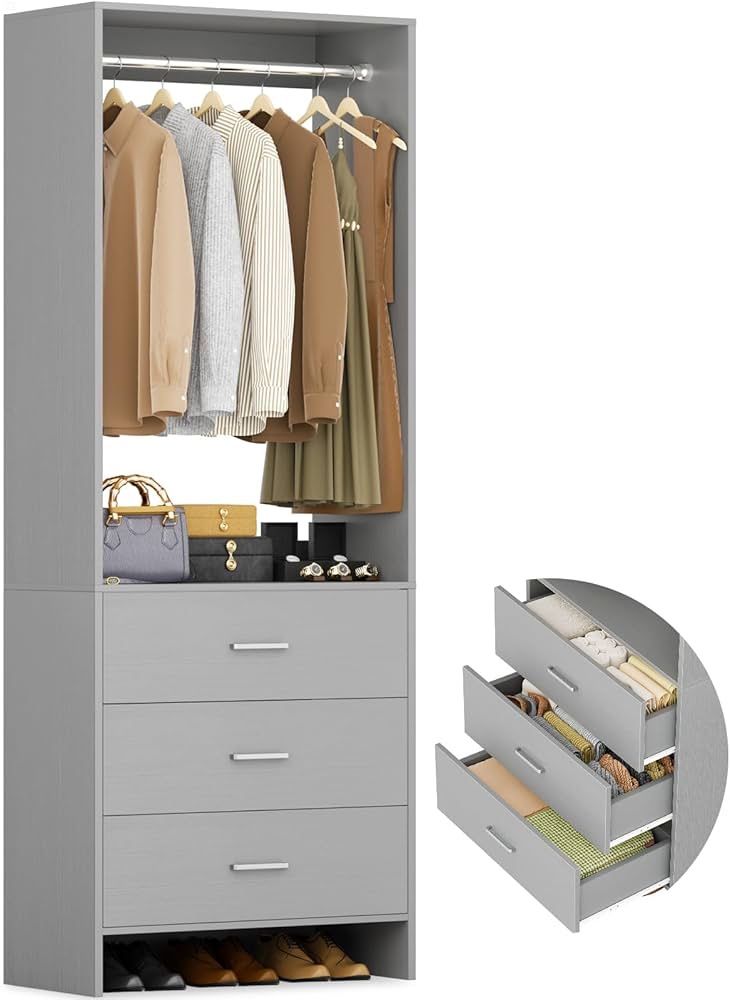2FT Closet System with 3 Drawers, 24’’ Closet Organizer, Wood Closet Organizer System, Walk-in Closet or Small Closets Wardrobe, Clothes Rack with Han