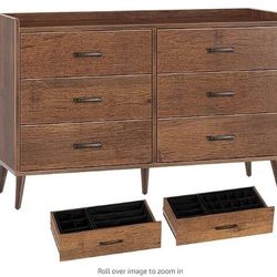 Mid-Century Rustic Chest of Drawers with Anti-Tipping Device, Bedroom, Brown, 6 Wooden Drawers Storage Dresser with Set 