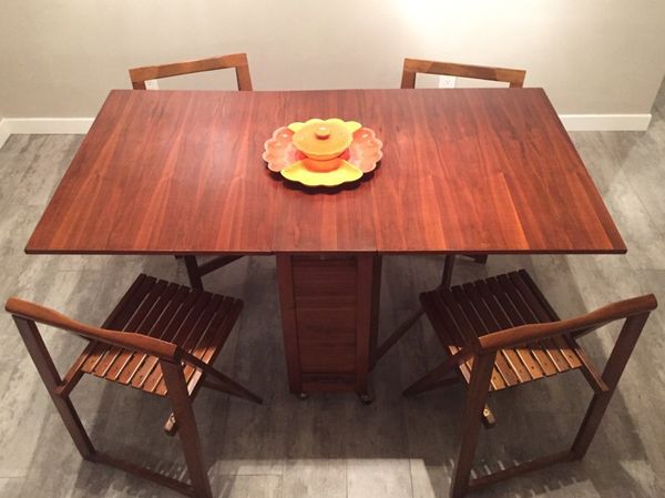 Mid Century Danish Modern Drop Leaf Gate Leg Table W 4 Folding Danish Modern Drop Leaf Gate Leg Table