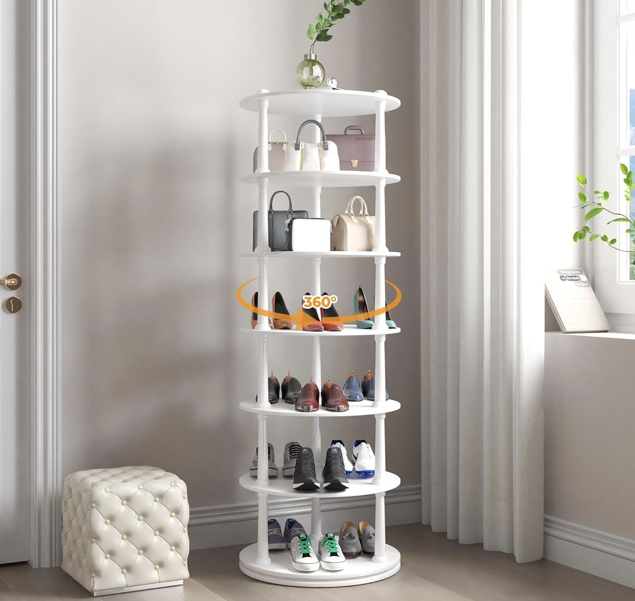 New assembled 6-Tier 360° Rotating Storage Rack with Roman Column Design - Small Space Closet Organizer, Multipurpose Shoe Rack Cabinet for Entryway,