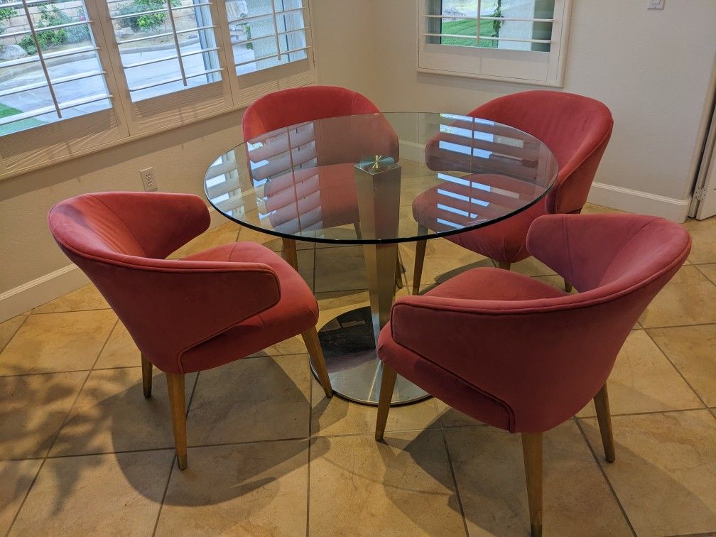 Retro Modern Round Chrome Glass Top Table With 4 Chairs