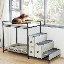 Pet Bunk Bed with Stairs and Storage, Dogs/Cats Window Perch, Bedside Lounge Elevated Dog Bed Multi-Level Platform with Foam Upholstery (Gray)