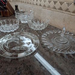 5 piece serving bowls, platter, cake stand