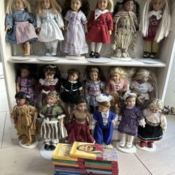 American Girl Display Shelf and Set of 18 Mini Dolls with Books