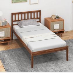 Twin Size Wood Platform Bed Frame Home W/ Retro Headboard & Slat Support Walnut