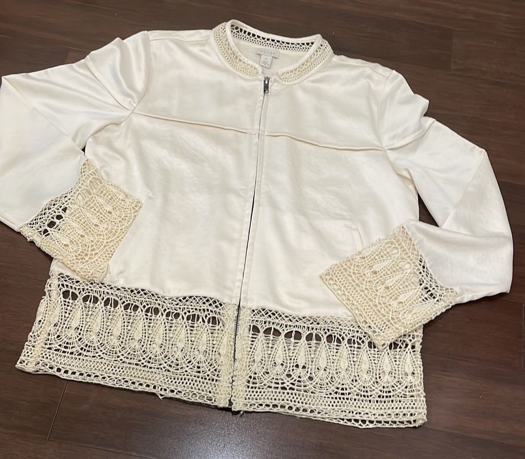Hinge Cream Bomber Jacket with Crochet Details