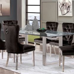 7PC Glass Dining Table Set w/ Black Velvet Chairs Or Velvet Blue