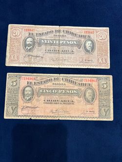 Mexican currency (Chihuahua) 20 & 5 pesos 1914