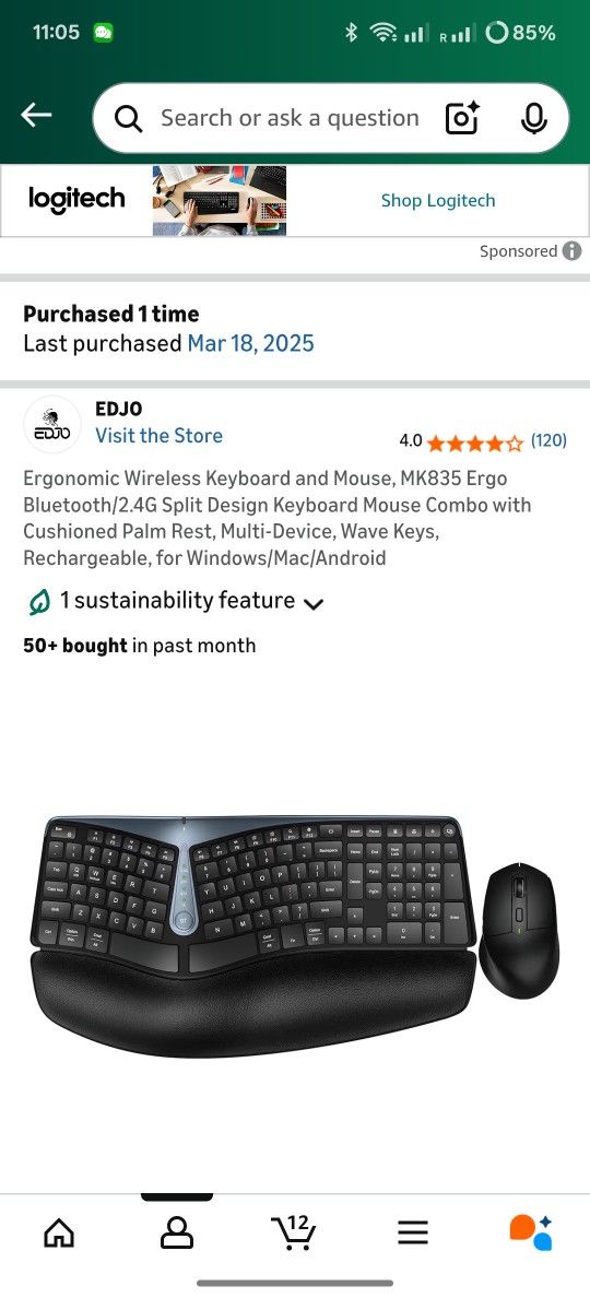 Ergonomic Wireless Keyboard and Mouse, MK835 Ergo Bluetooth/2.4G Split Design Keyboard Mouse Combo with Cushioned Palm Rest, Multi-Device, Wave Keys, 