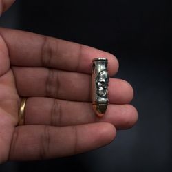 925 Sterling Silver Skull Bullet Pendant | 2 Inch | 10 Gram | Gothic Biker