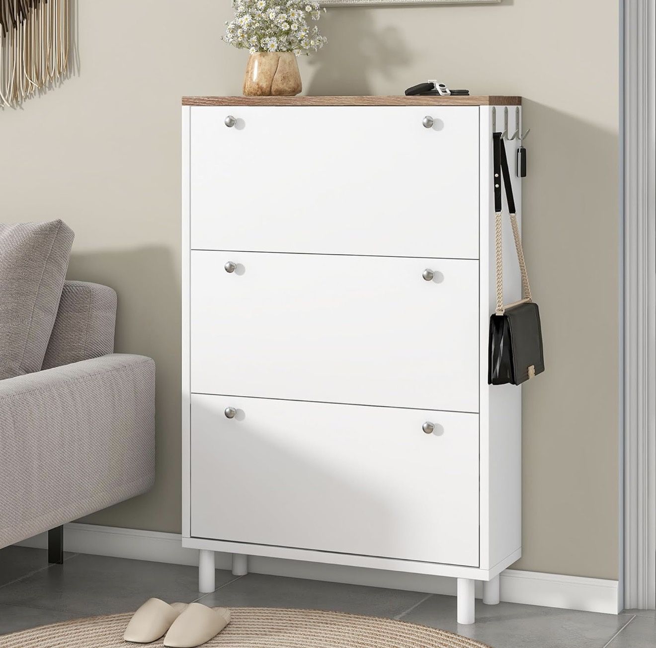 Shoe Cabinet with 3 Flip Down Storage Shelves Free-Standing Shoe Rack Mid-Century White Wood Shoe Storage Organizer