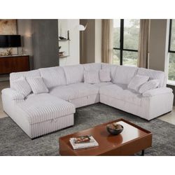 New Corduroy Sectional.  Off White / Beige.  123x97x34H.  Free Delivery!