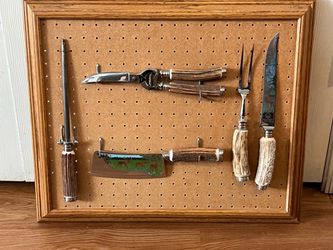 Mid-Century Vintage German Puma Solingen 5-Pc Natural Handles Carving Set with Original Wall Display