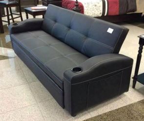 Blk sleeper sofa with cup holders brand new . Ready for immediate drop off easy as ordering pizza. $380