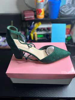 Green Suede Block Heel Pumps