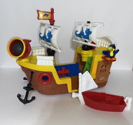 Fisher Price Little People Lil Pirate Ship Music Sounds with RARE Dinghy / Boat
