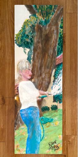 Large Original Painting on Wood Panel NEIGHBOR WITH HOSE