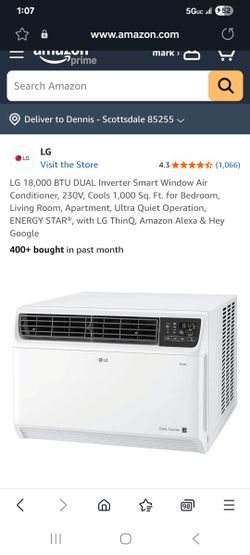 LG 18,000 BTU DUAL Inverter Smart Window Air Conditioner, 230V, Cools 1,000 Sq. Ft. for Bedroom, Living Room, Apartment, Ultra Quiet Operation,