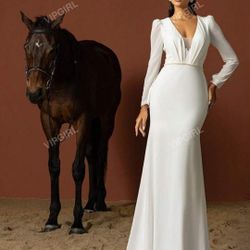 Women's Minimalist Deep V-Neck Puff Sleeve French Style Lightweight Wedding Dress