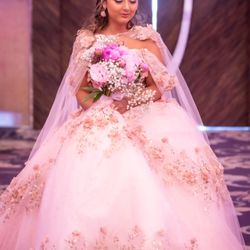  Quinceañera Dress – Blush Pink Floral Ball Gown with Cape