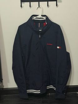 Tommy Hilfiger Blue  Full Zip Windbreaker Jacket Red White Stripe