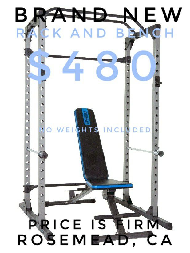 Super Max Power Cage Full Squat Rack Bench Press with bench, weights sold separately
