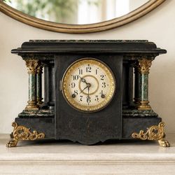 Antique Late 1800’s Original Clock Mantle NO KEY UNTESTED sold As Is Collectible Table Decor Faux Marble Ornate Vintage French 